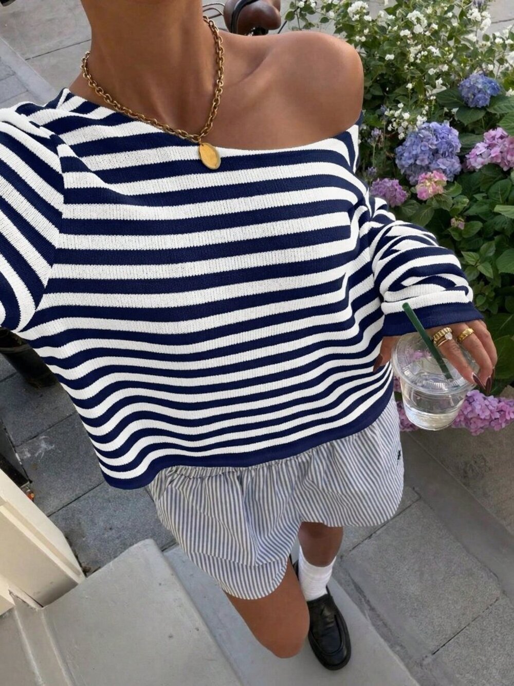 Royal Blue Casual Women's Off-Shoulder Long Sleeve Cropped Boat Neck Top